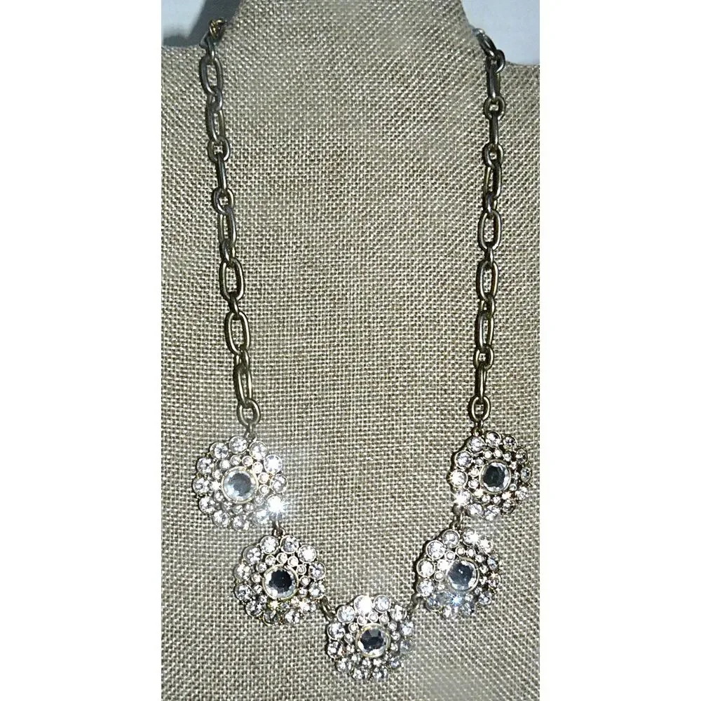 J.Crew Crystal Station Statement Necklace Gold-Tone Floral Rhinestone Clusters - Picture 1 of 3
